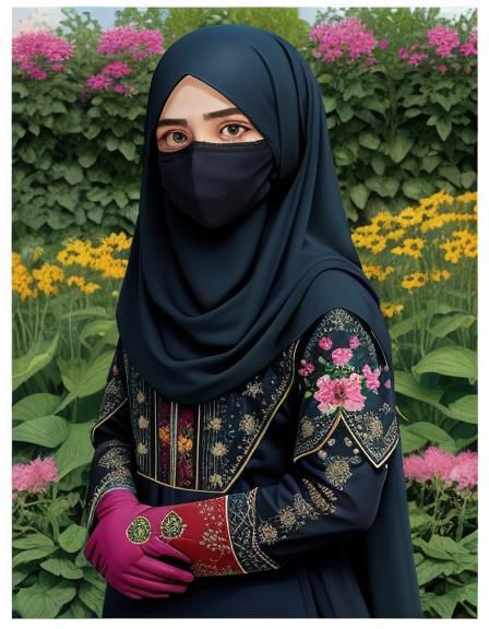 Woman in Embroidered Jilbab in Flower Garden