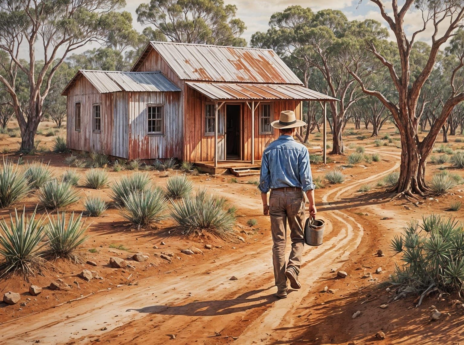 Australian Outback Man in Watercolour Landscape