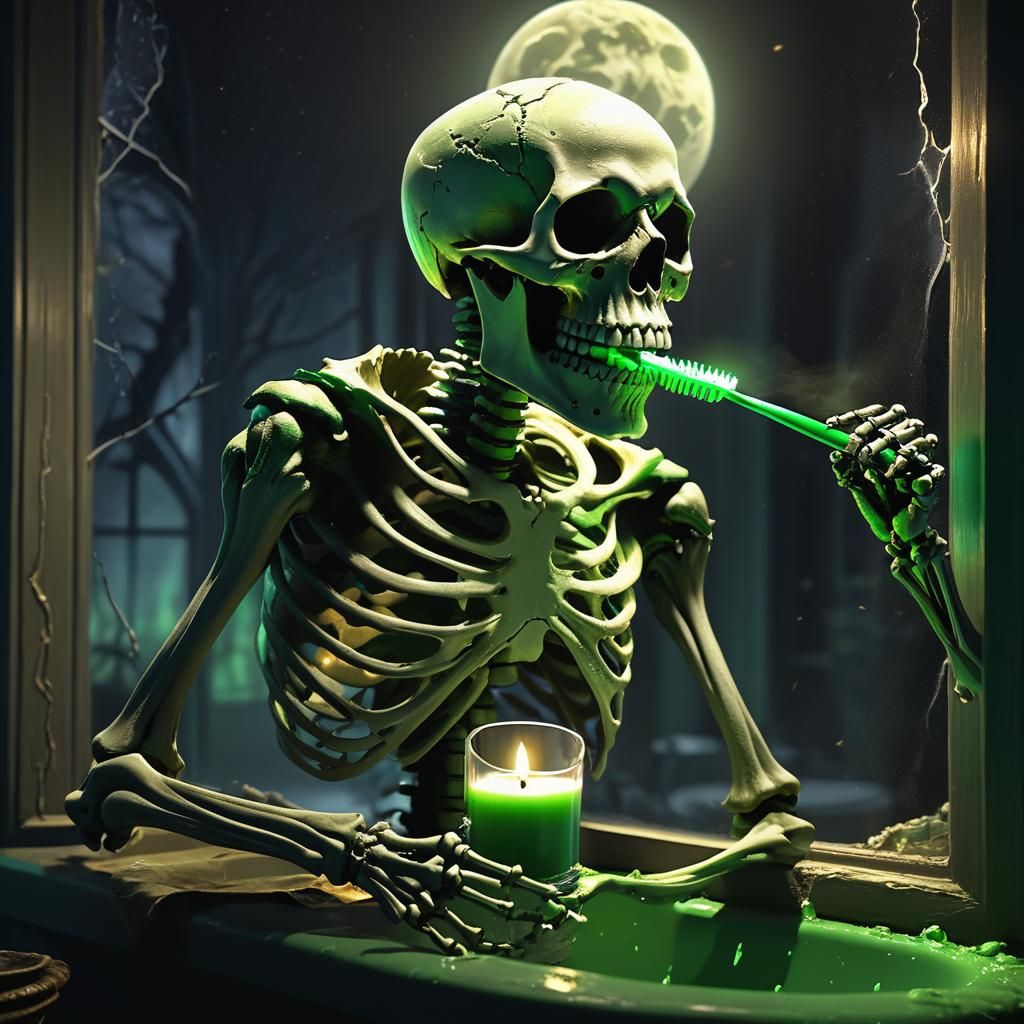 Skeleton Brushing Teeth in Gloomy Bathroom