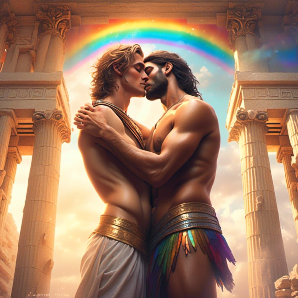 Gay Greek Gods Kissing in Temple