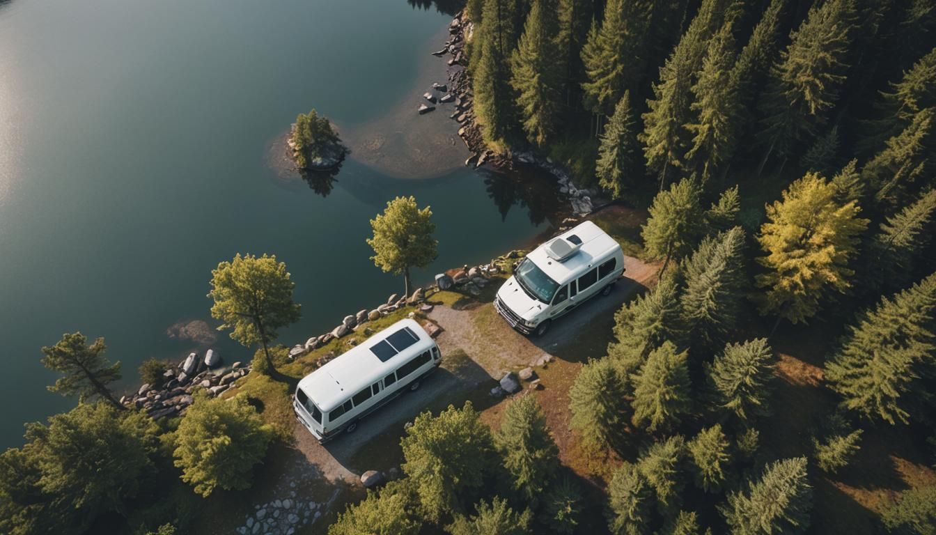 Camper Van by Serene Lake: Aerial Drone Shot