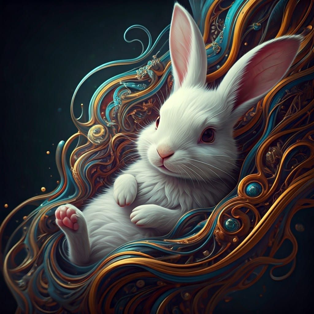 Whimsical White Rabbit Amidst Luxurious Fabrics