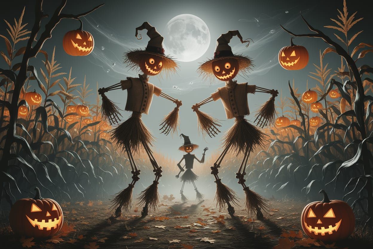 Moonlit Scarecrows Dance in Haunted Cornfield