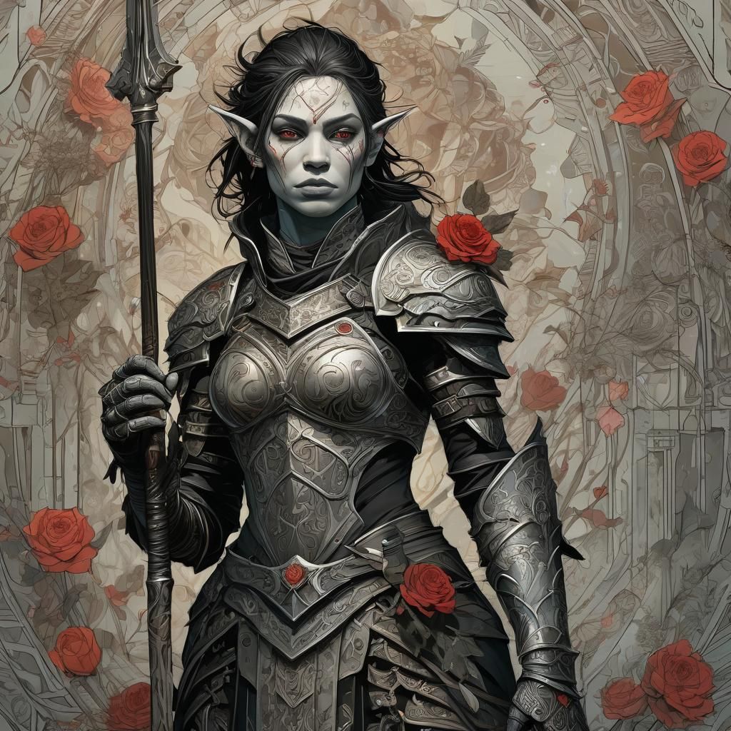 Half Orc Paladin of the Rose in Shining Armor, Digital Paint...