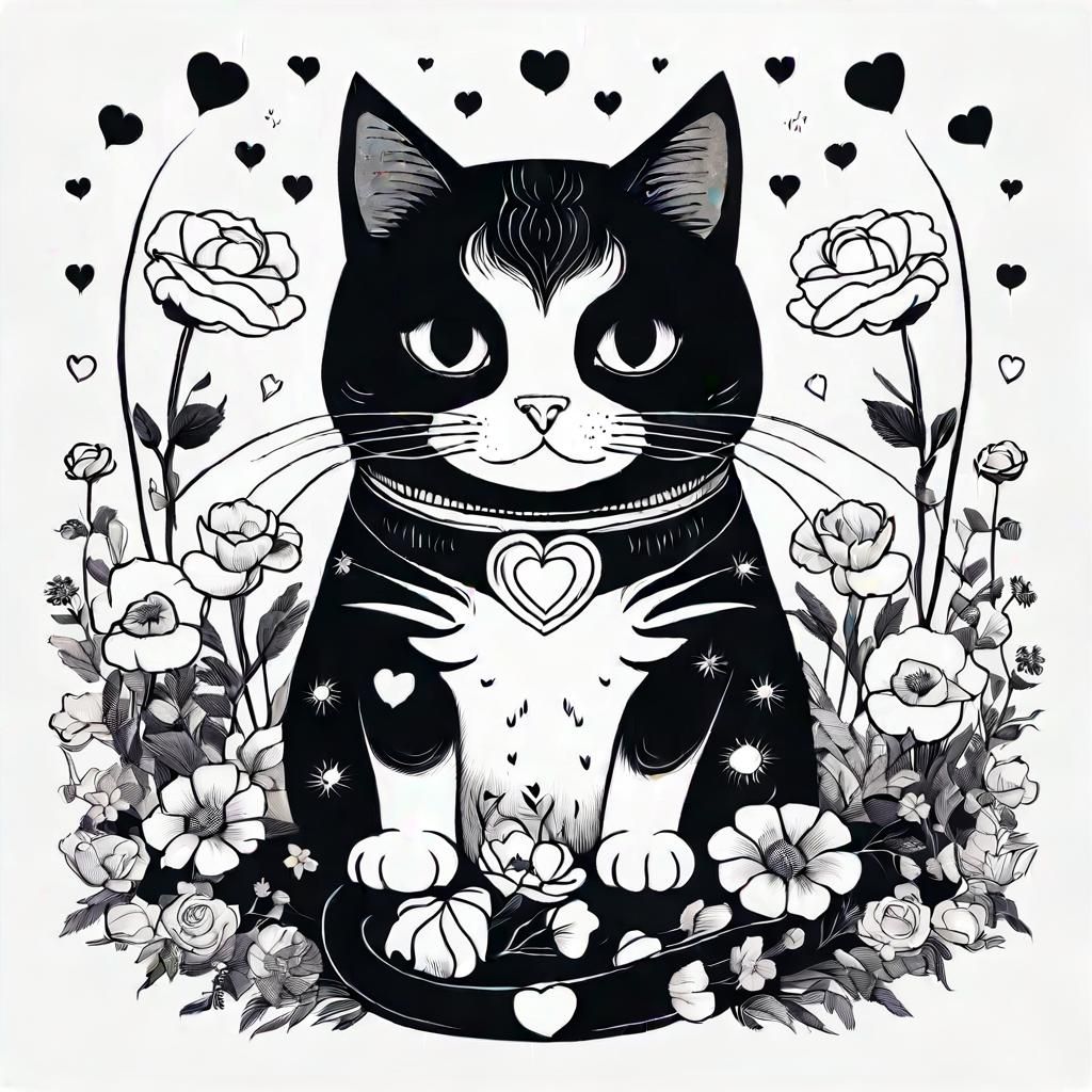 Cat on Pillow Surrounded by Flowers, Vintage Cartoon