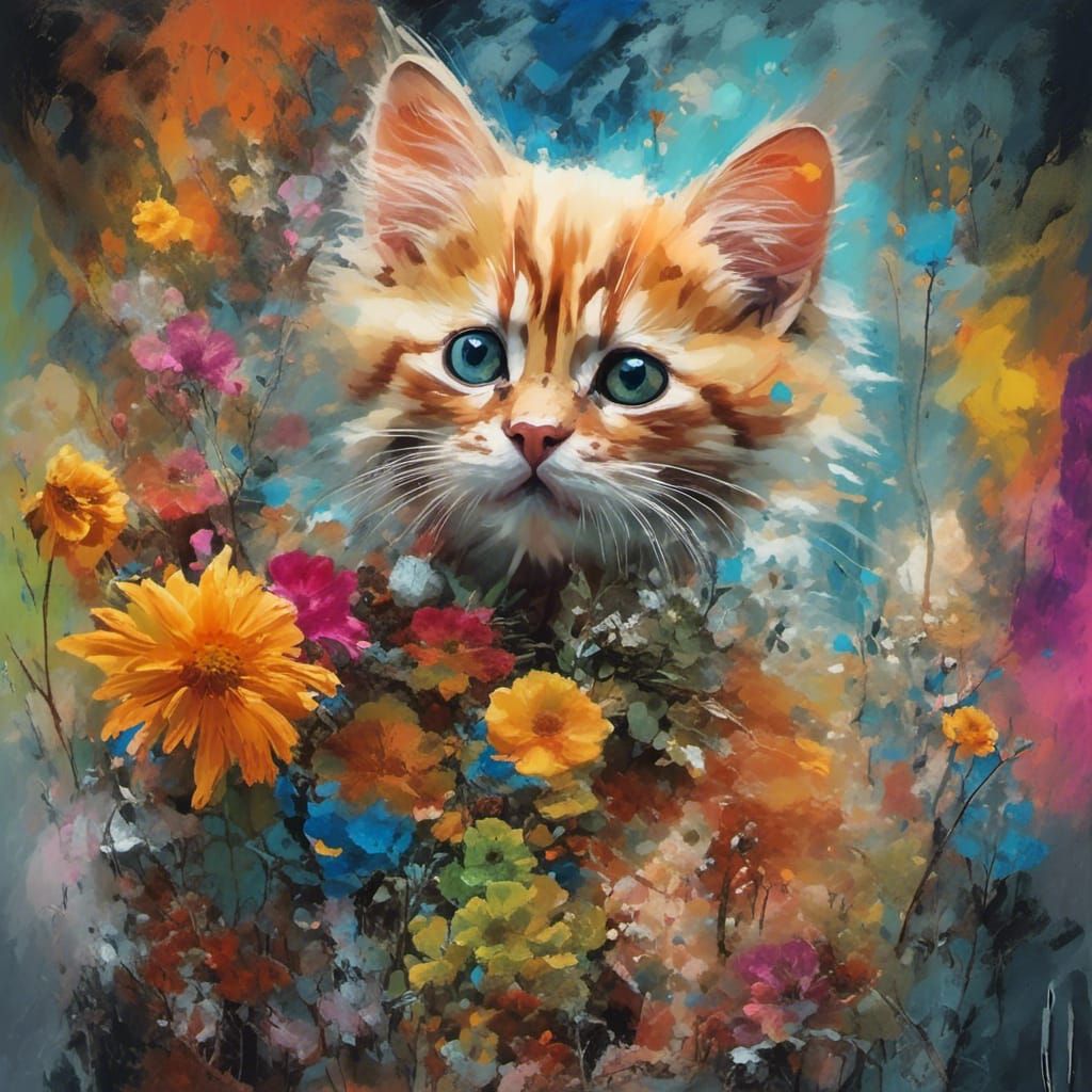 Ginger Kitten in Candyland Wonderland Impasto Painting