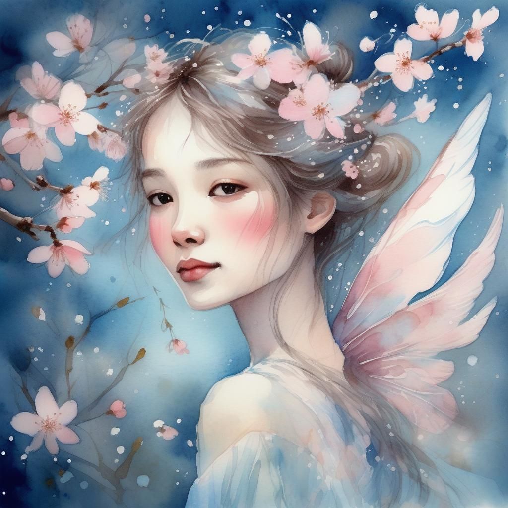 Cherry Blossom Fairy Dancing in Moonlight, Watercolor Portra...