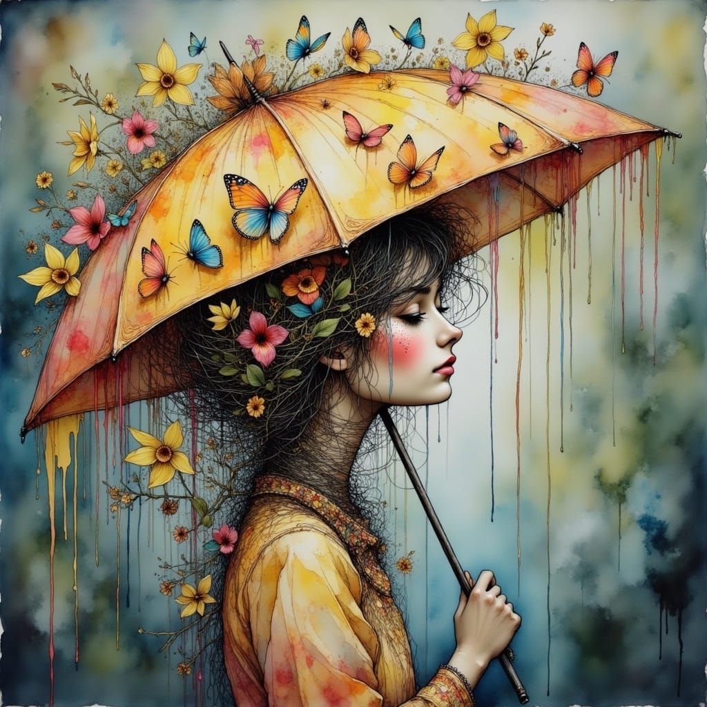 Girl in Whimsical Surreal Umbrella Scene