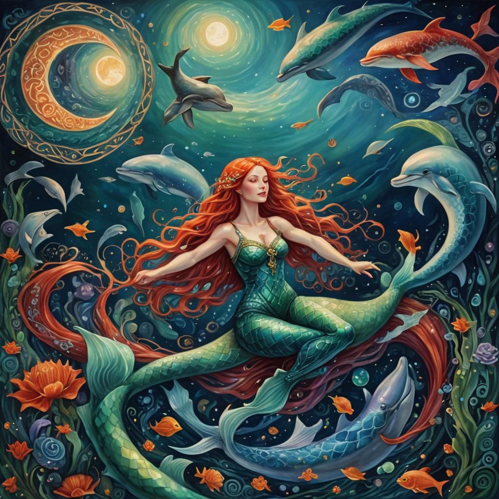Mermaid with Dolphins and Celtic Knots: Surreal Oil Painting