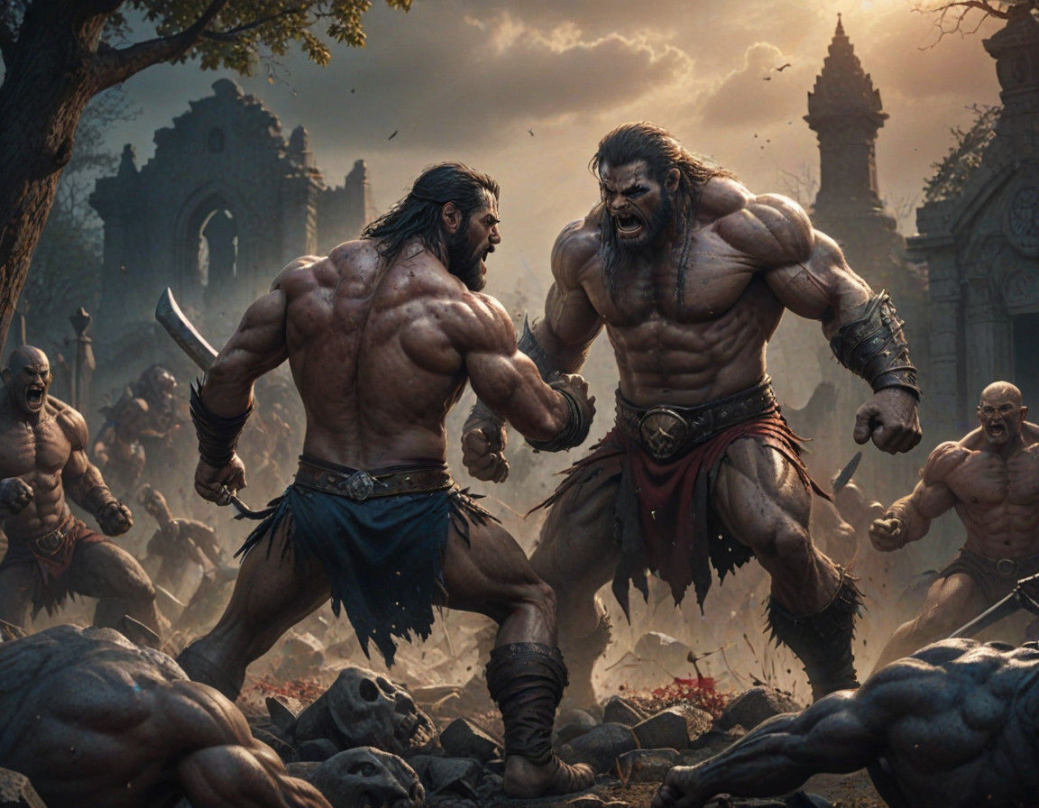 Epic Fantasy Battle in a Cemetery - Mythological Muscle Man...