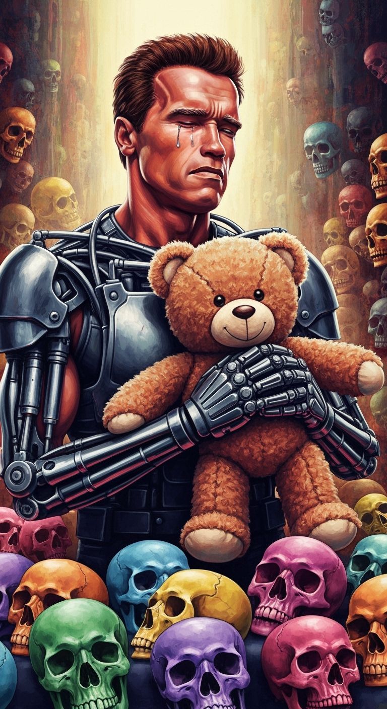 Terminator Crying Over Skulls in Mexican Abstract Art