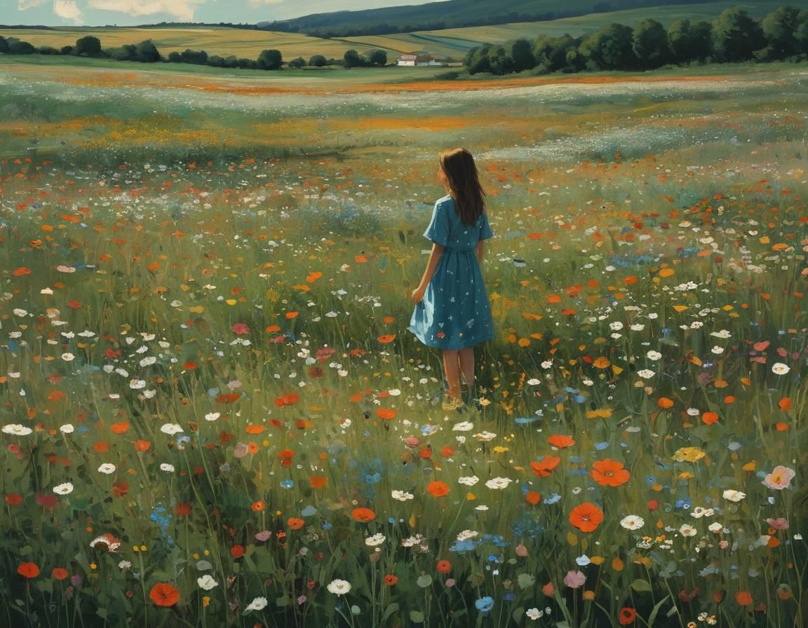Girl in Flower Meadow, Modernist Impression