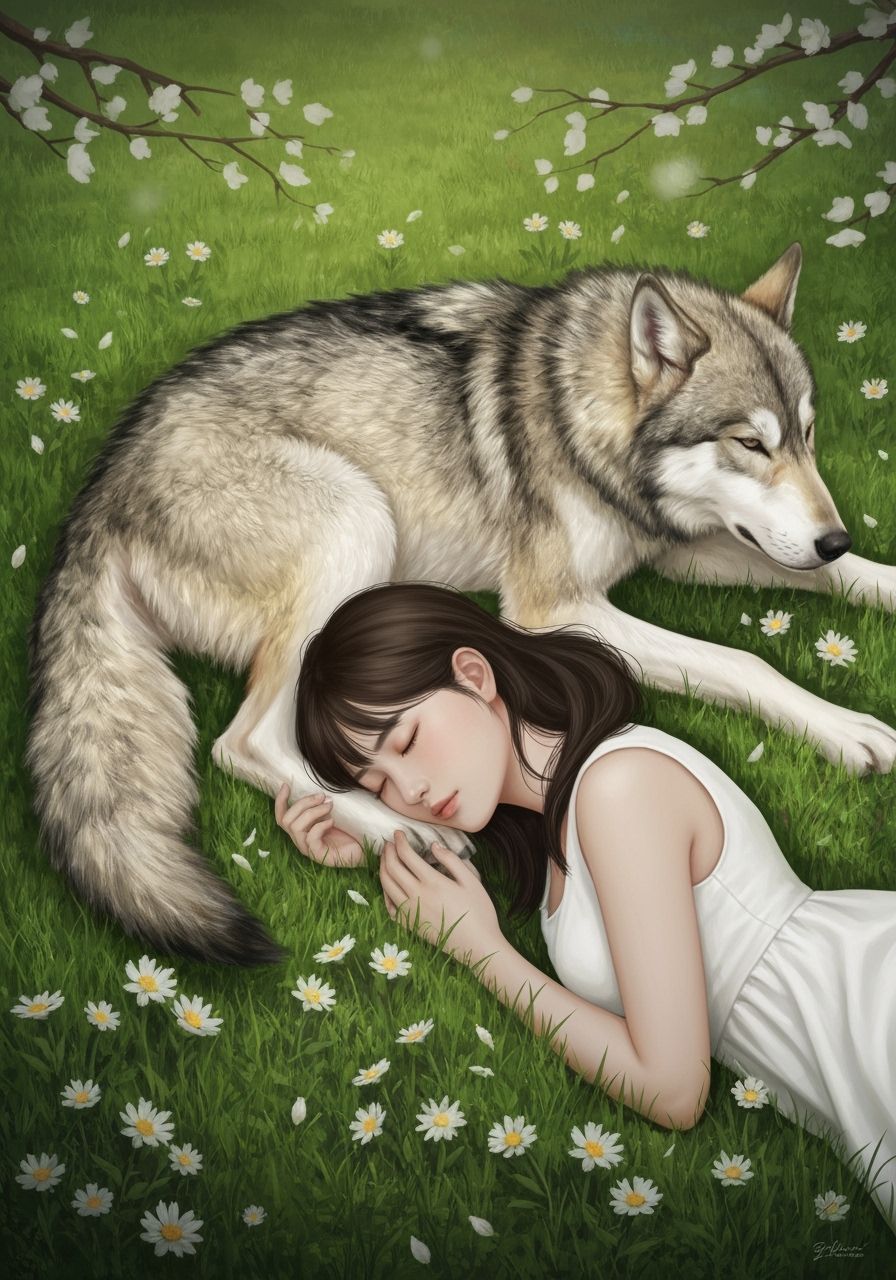 Woman and Wolf in Wildflower Field, Art Nouveau Portrait