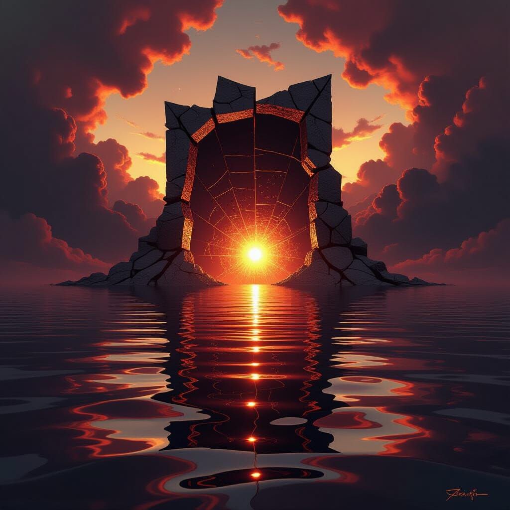 Divine Portal Waterscape: Burgundy & Gold Shimmers