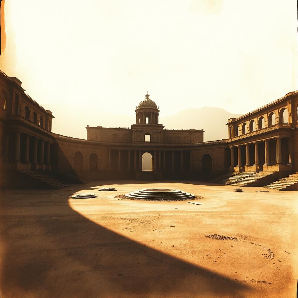 Minimalist Arena in Sunlight: Ink Wash Landscape