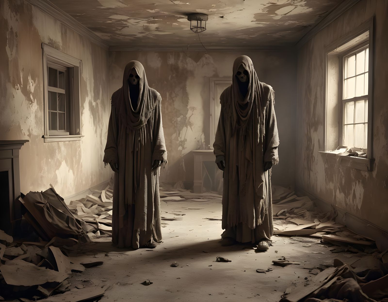 Sepia Ghostly Figure in Decayed Abandoned House