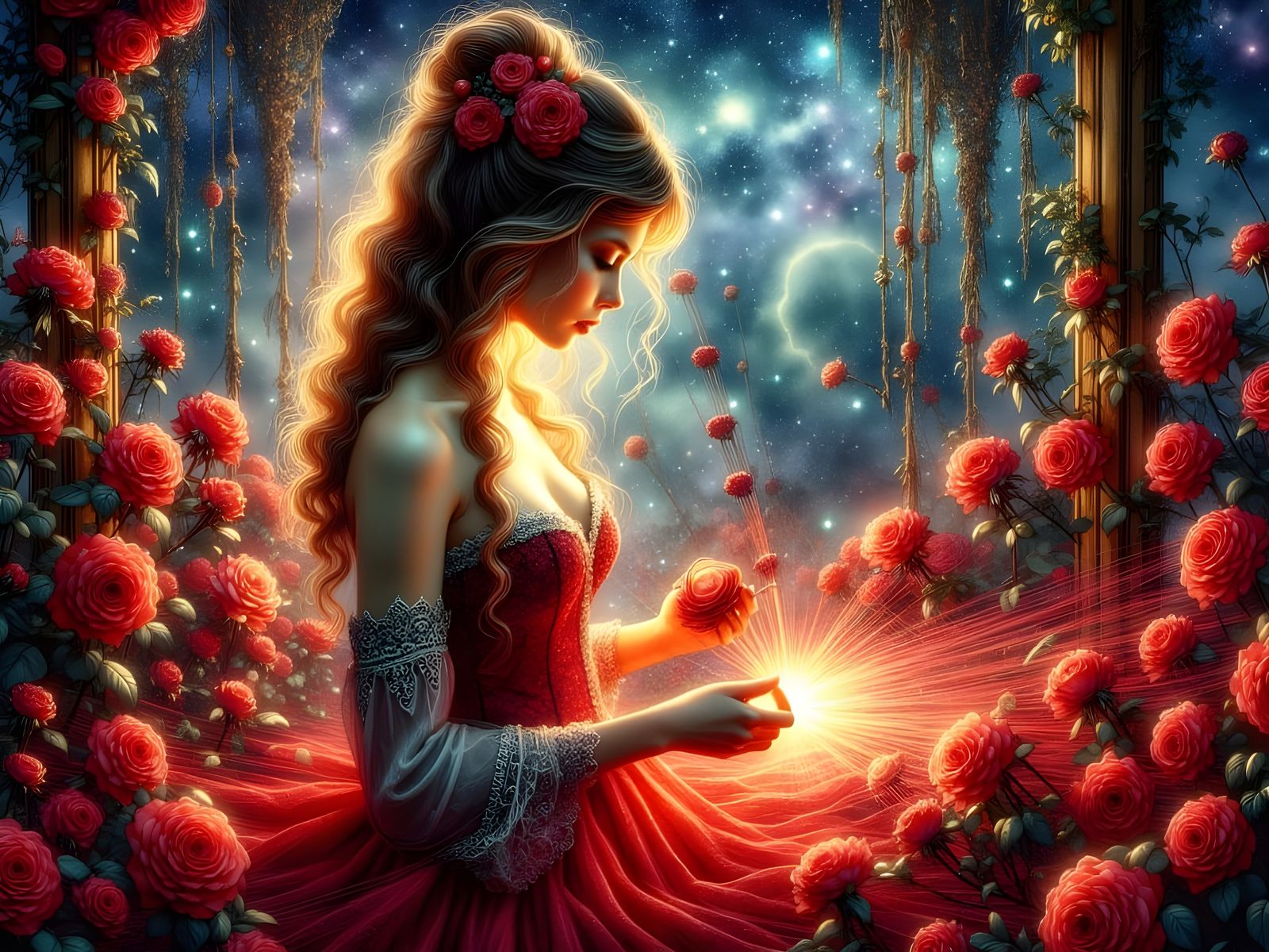 Cosmic Seamstress Weaving Roses in Art Nouveau Style