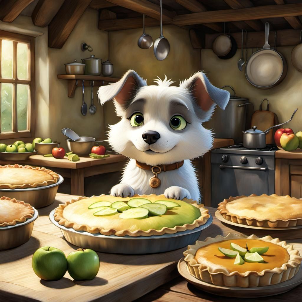 Dog Longing for Pies: Whimsical Kitchen Scene