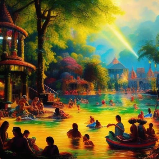 Families Bathing in a Pool: Oil Painting Style