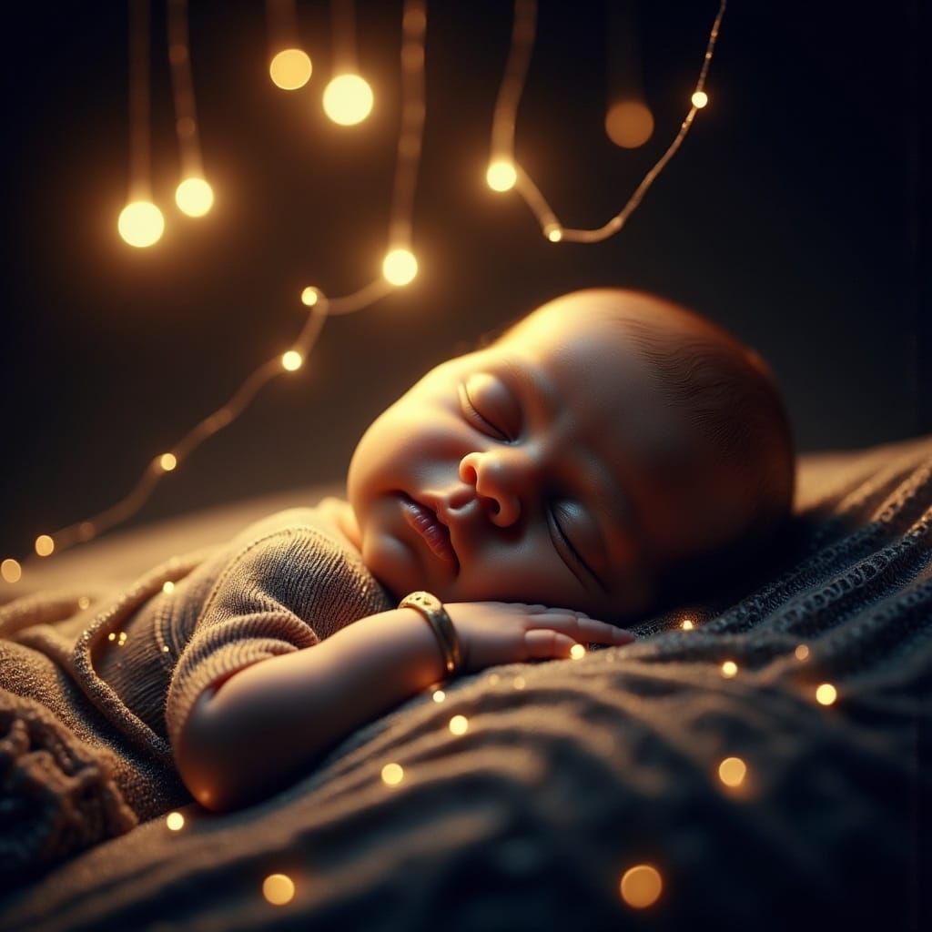 Newborn Baby Sleeps on Father's Chest with Fairy Lights