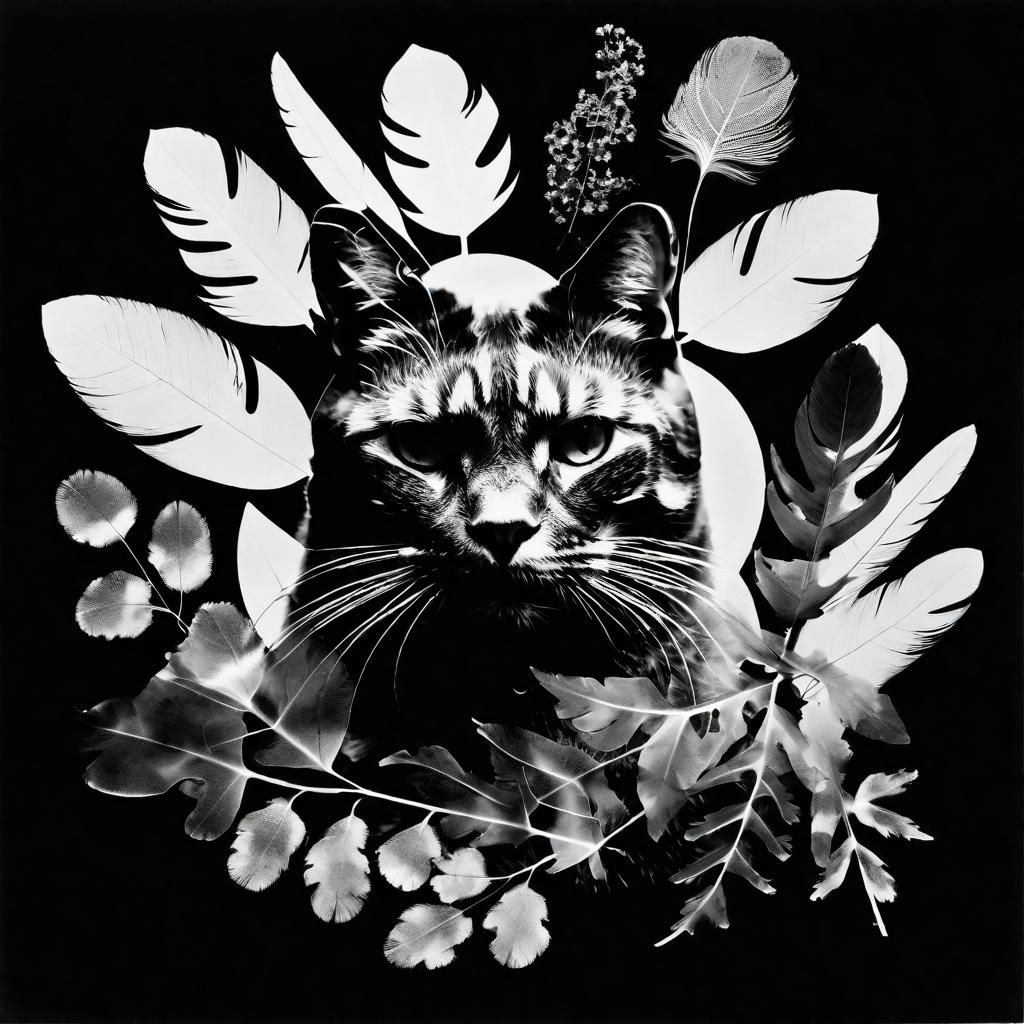 Photogram, Flowers, feathers , oak leaves ,  trees,  inside ...