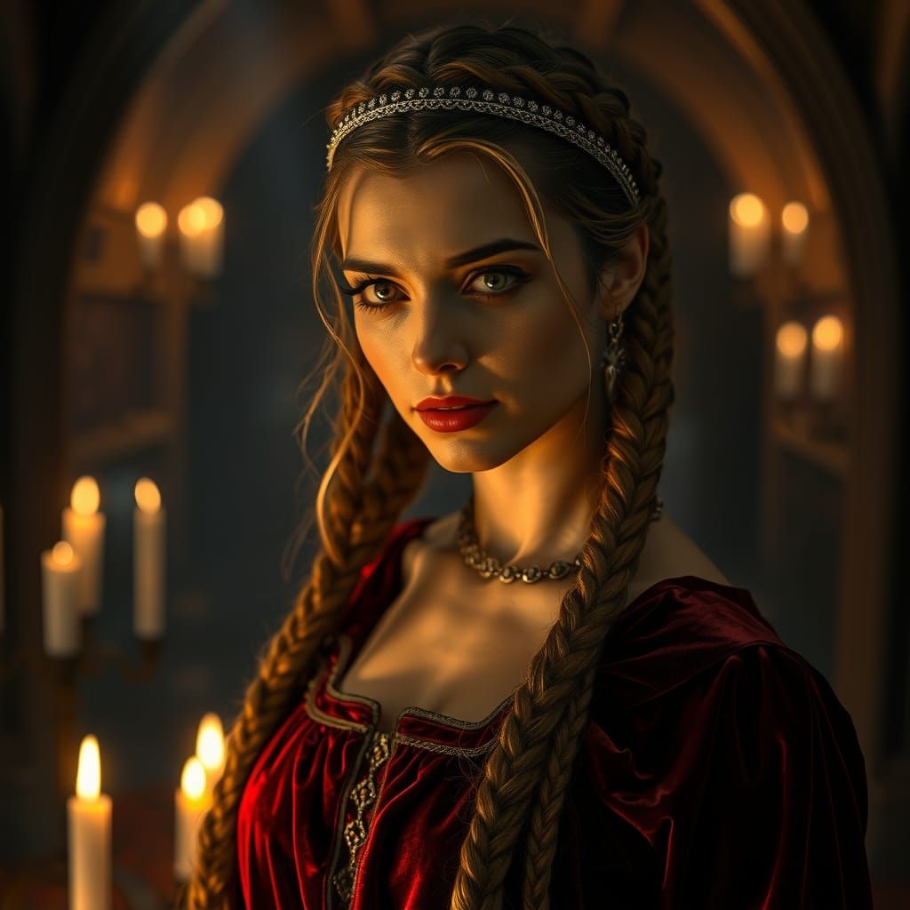 Medieval Woman in Candlelight, Hyperrealistic Cinematic Styl...