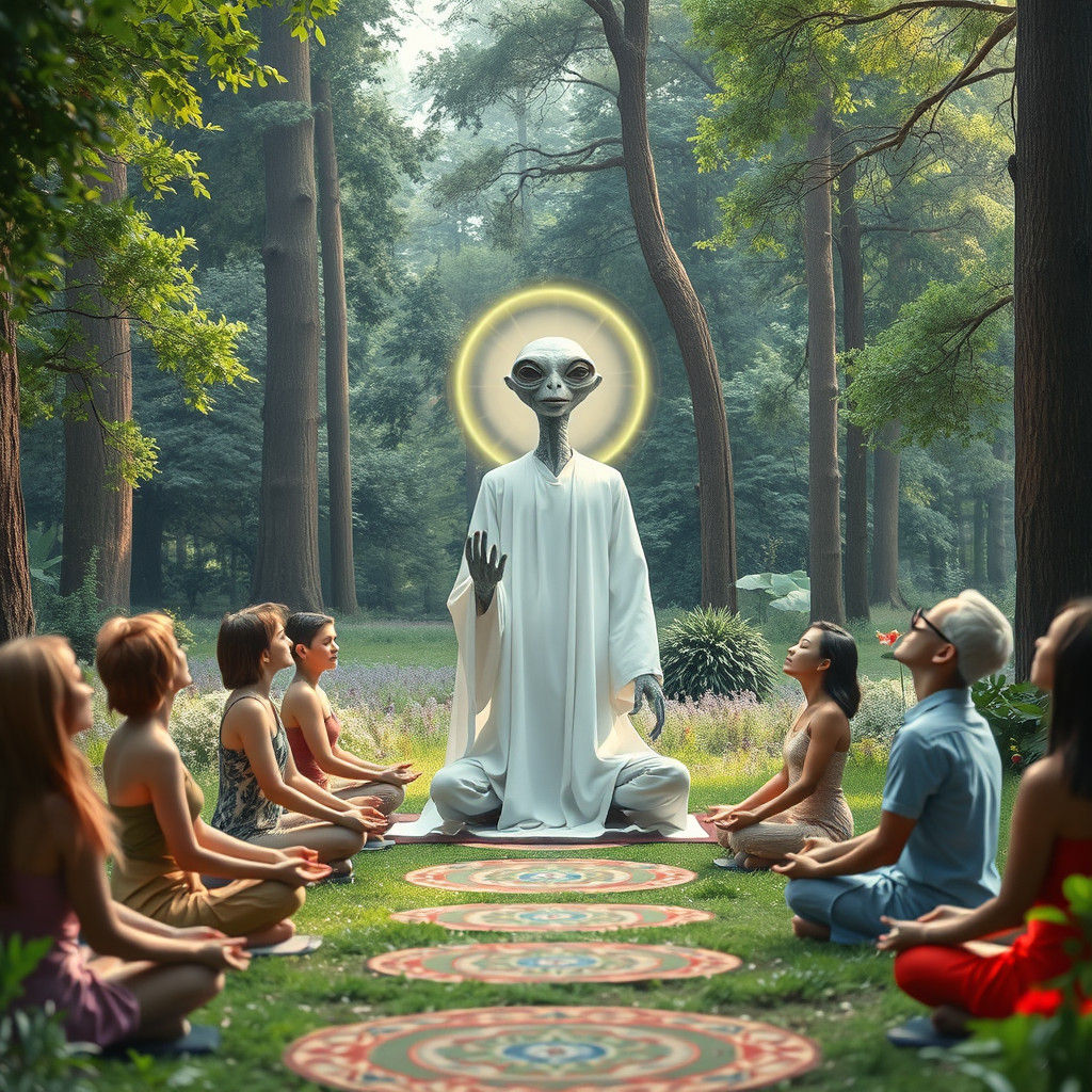 E.T. Guides Humans in Meditation: Surreal Art