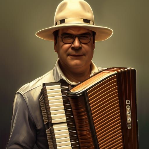 Dan Aykroyd Portrait with Accordion, Detailed Digital Art