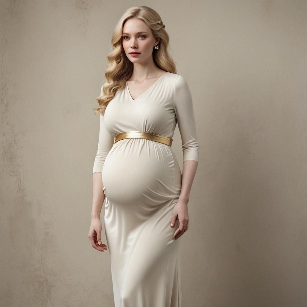 Pregnant Woman with Quadruplets in White Dress