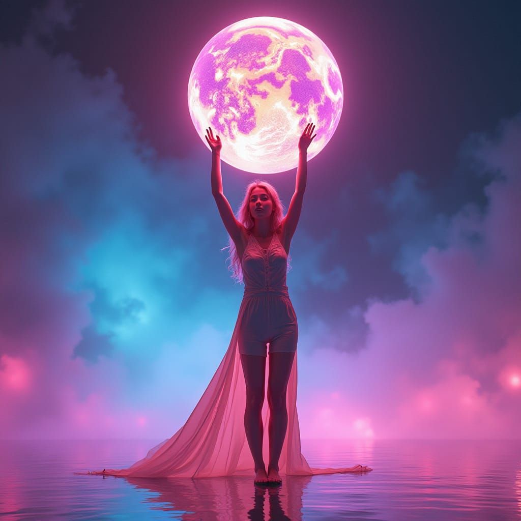 Ethereal Woman Lifting World in Fluorescent Aura