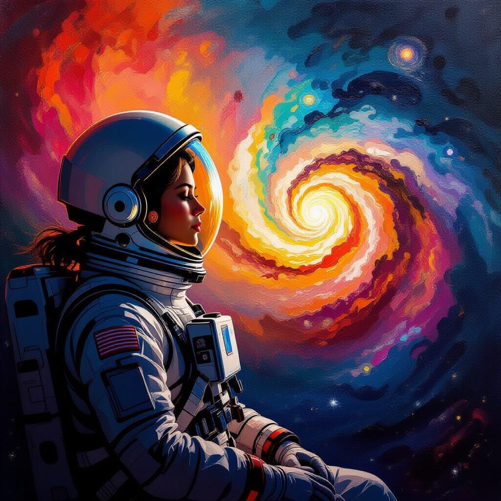 Astronaut Floating in Vibrant Nebula, Impasto Style