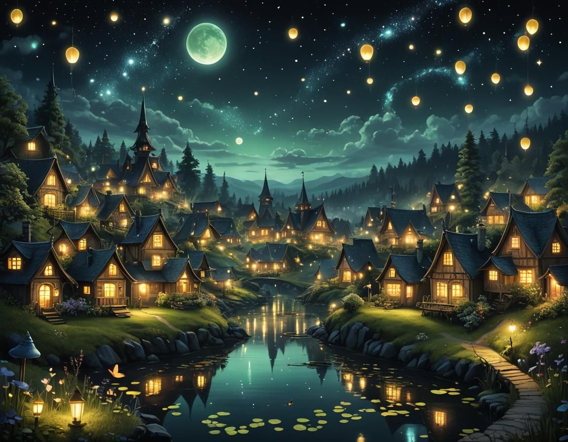 Fantasy Fairy Town at Night with Floating Lights