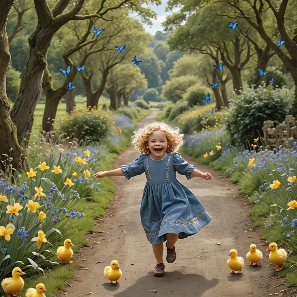 Girl, Ducks, and Butterflies in a Country Lane