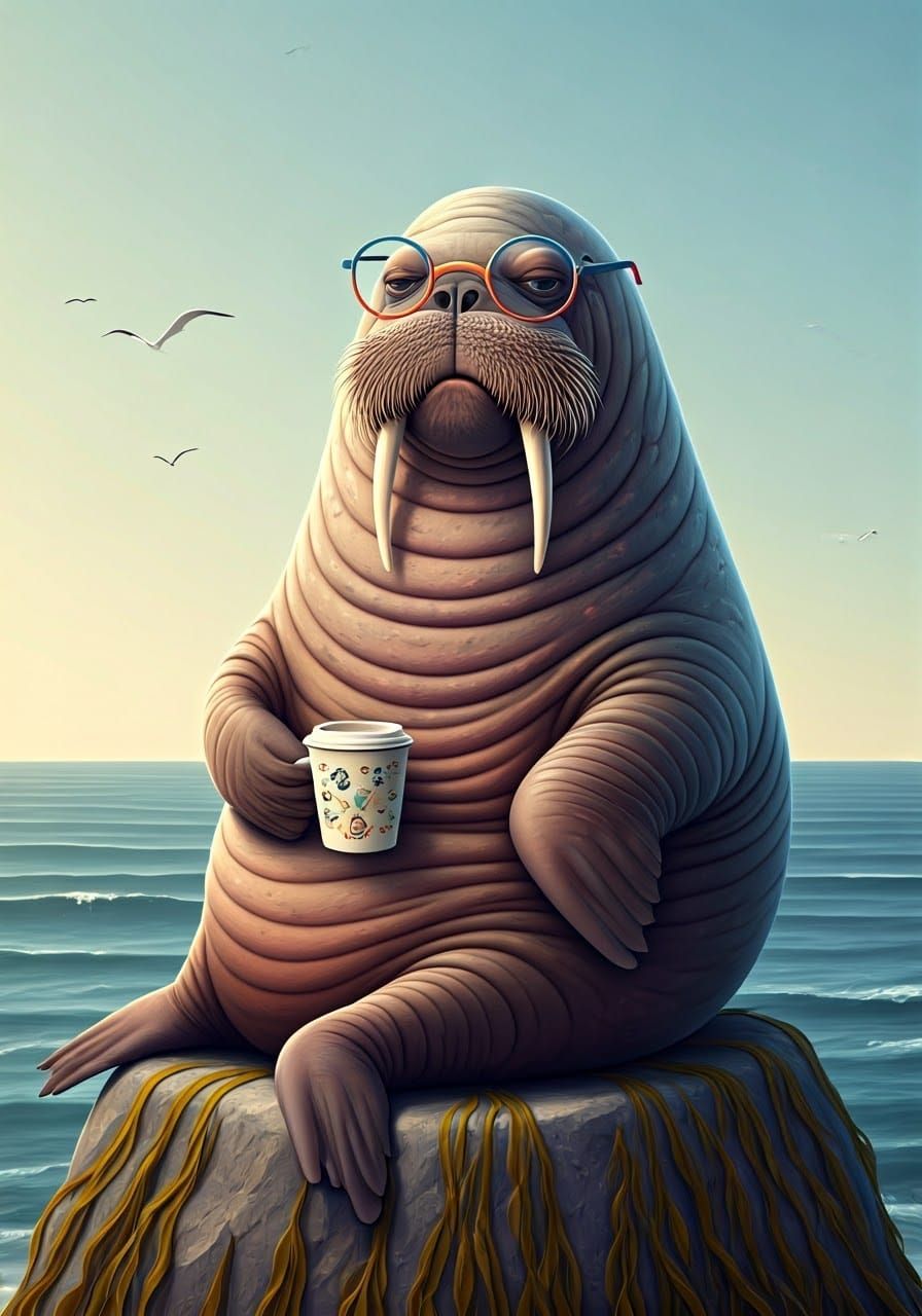 Whimsical Walrus Lounging with Coffee by the Sea