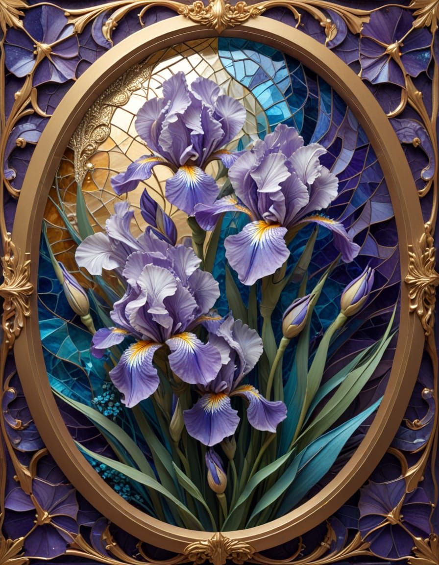 Stained Glass Iris Bouquets in Ornate Gold Frame