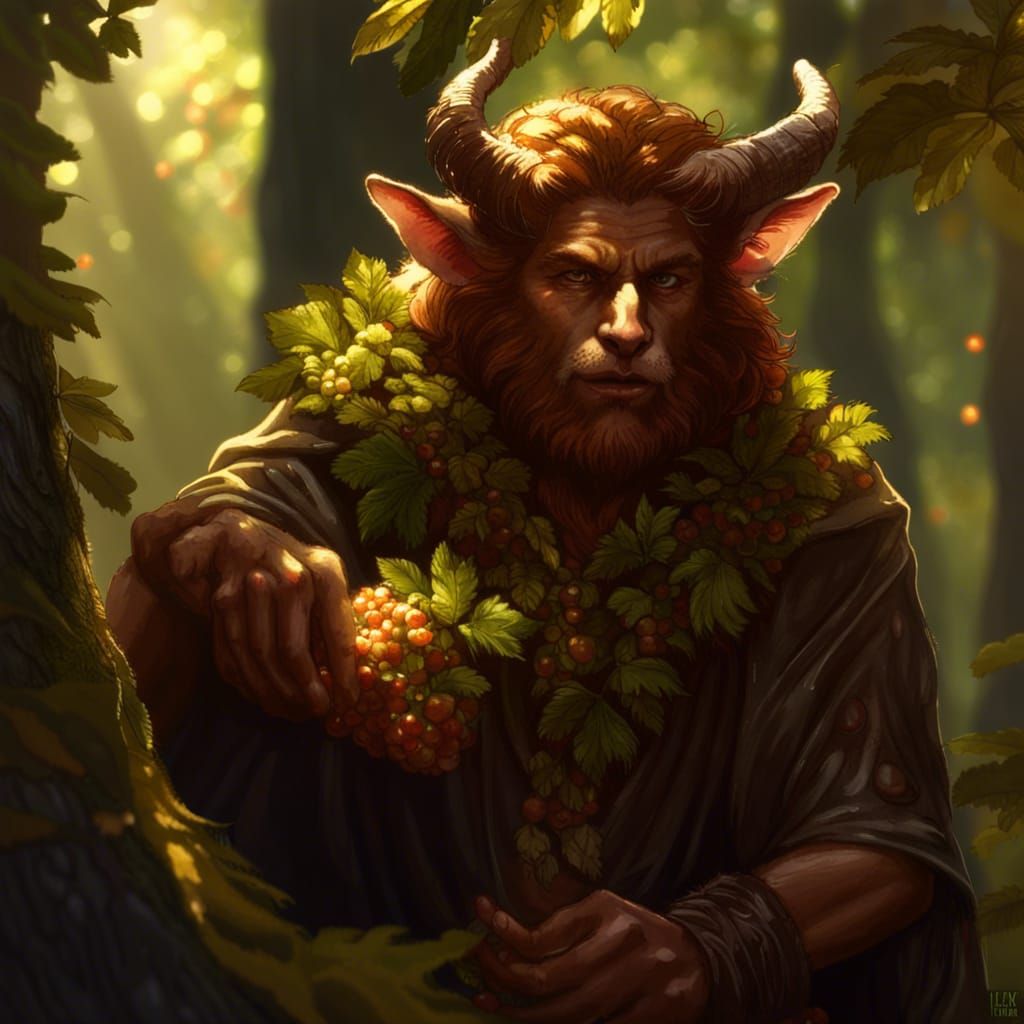 Satyr Druid Picking Berries in Sunlit Forest