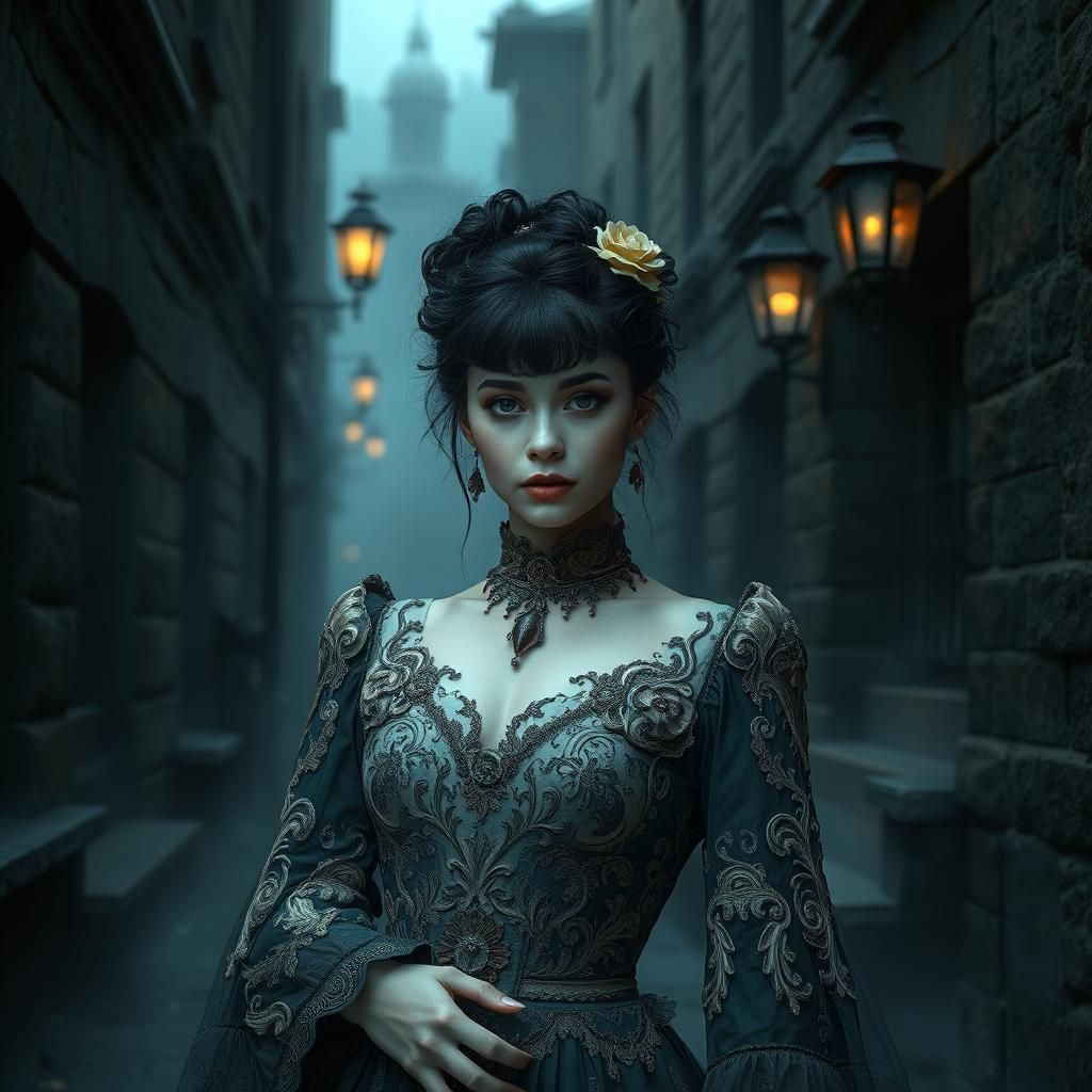 Mysterious Woman in Victorian Gown, Surreal Digital Art