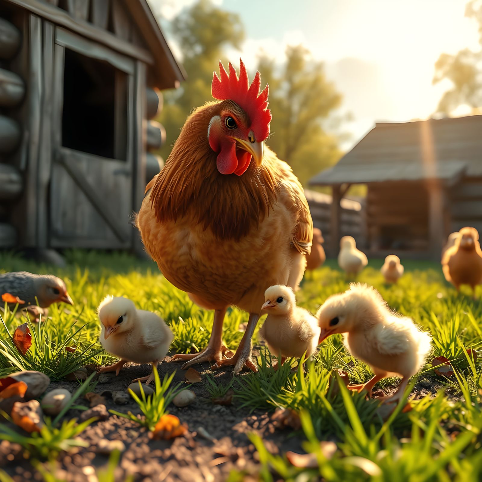 Hen Foraging with Chicks in Sunny Farmyard