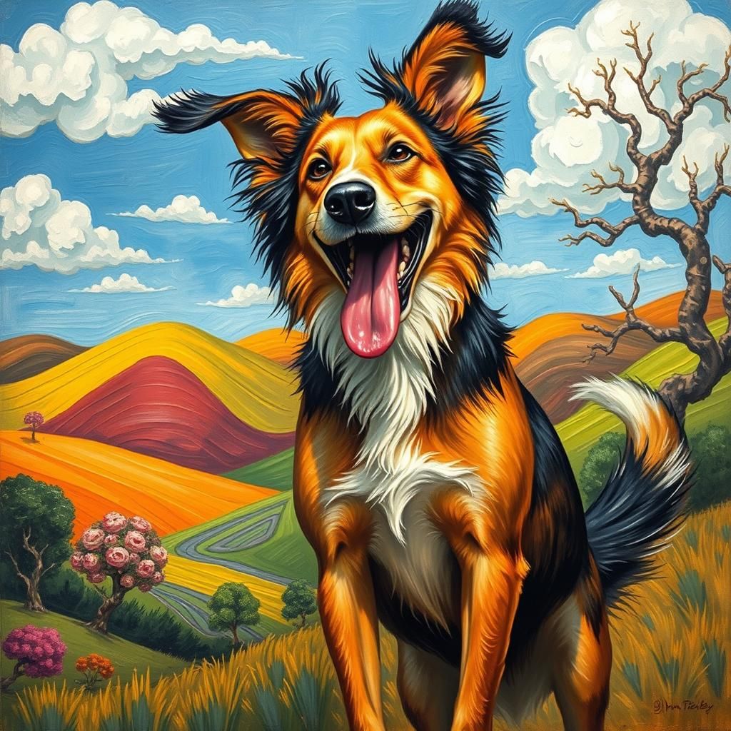 A joyful dog, ears flapping, tongue hanging, and tail waggin...