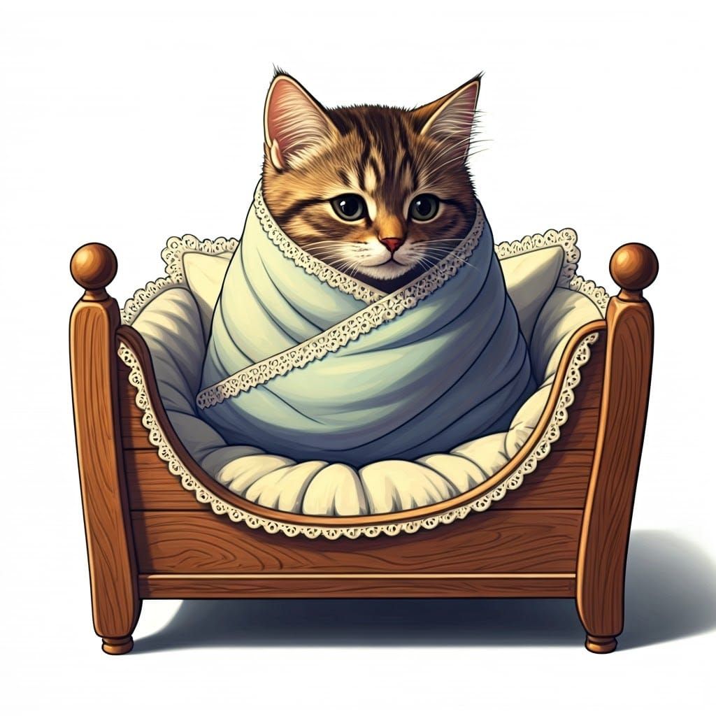 Cozy Cat Snuggled in Bed, Dreamy Illustration