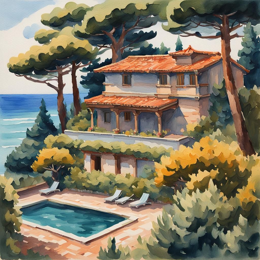 Oceanfront House in Gouache Impressionist Style