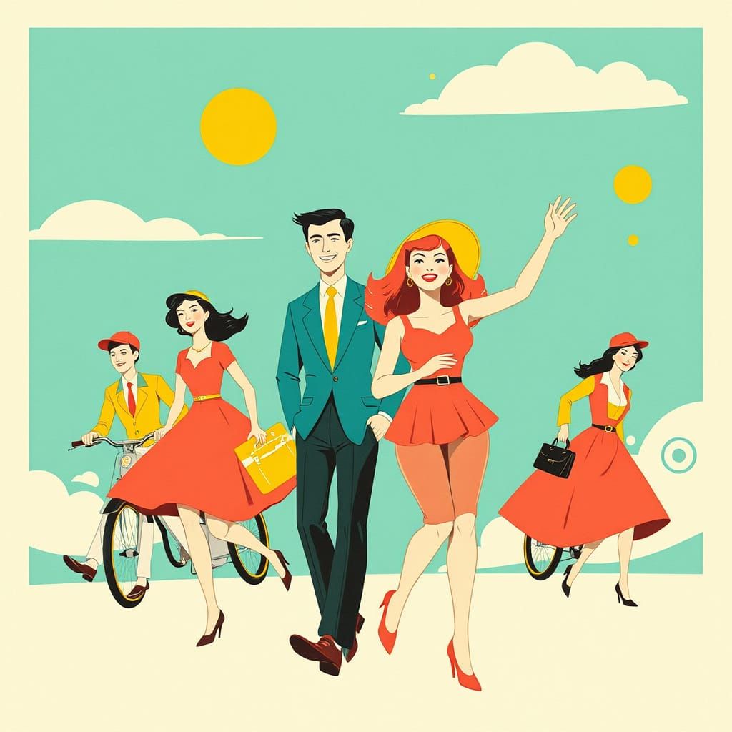 Mid-Century Illustration with Geometric Shapes and Retro Cha...