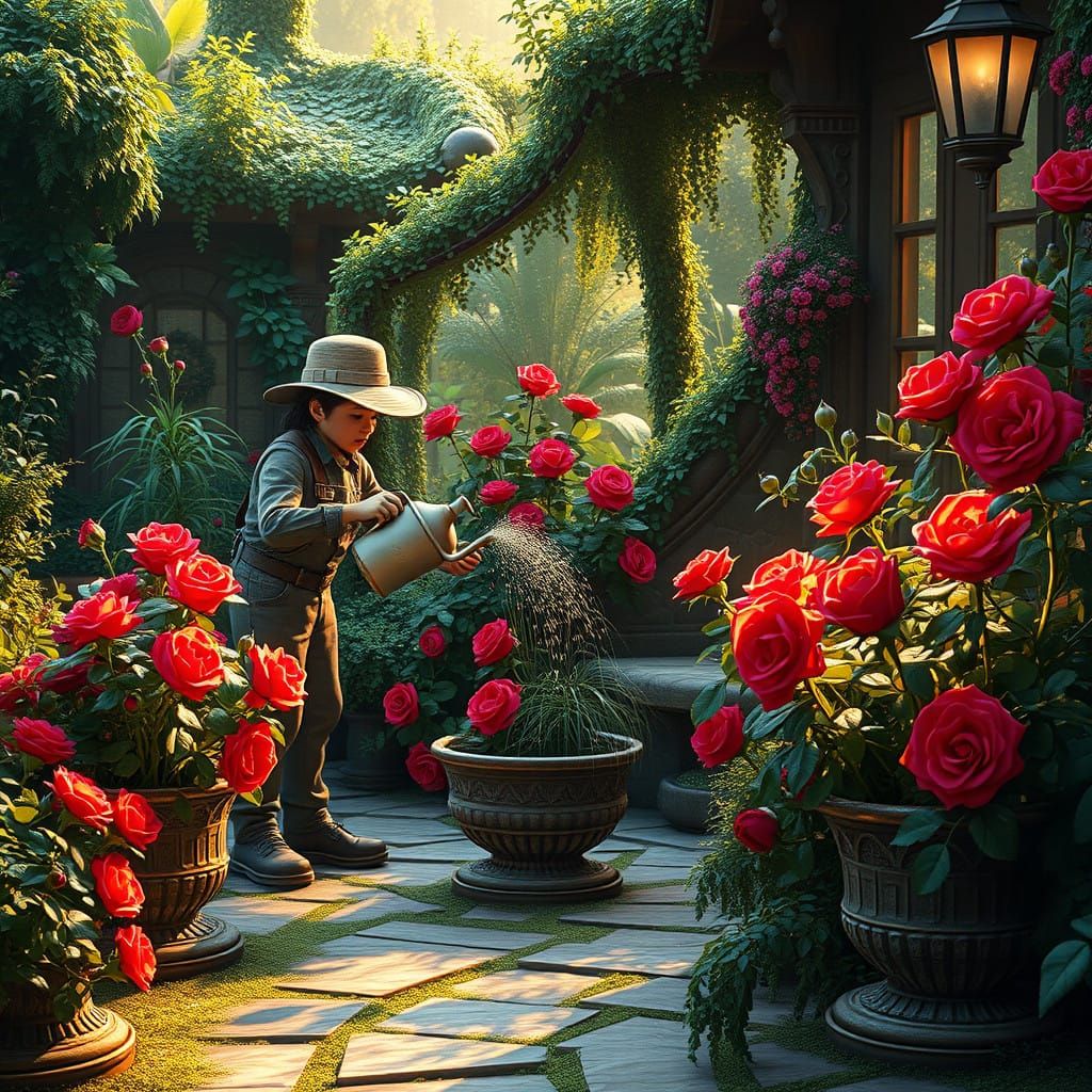 Whimsical Gardener in a Fantastical Garden Oasis