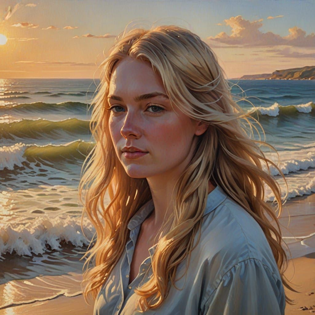 Impressionistic Oil Painting of a Girl by the Tranquil Sea