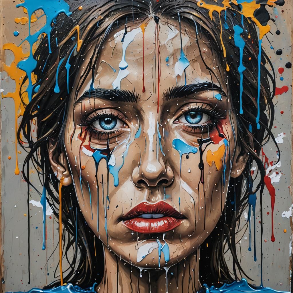 Sad Face Painting with Flowing Tears as Graffiti Art