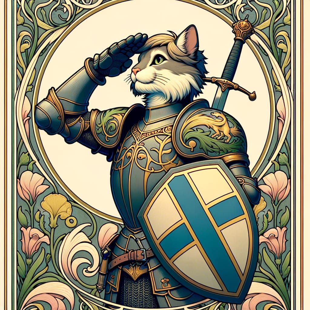 Art Nouveau Cat Knight with Sword and Shield