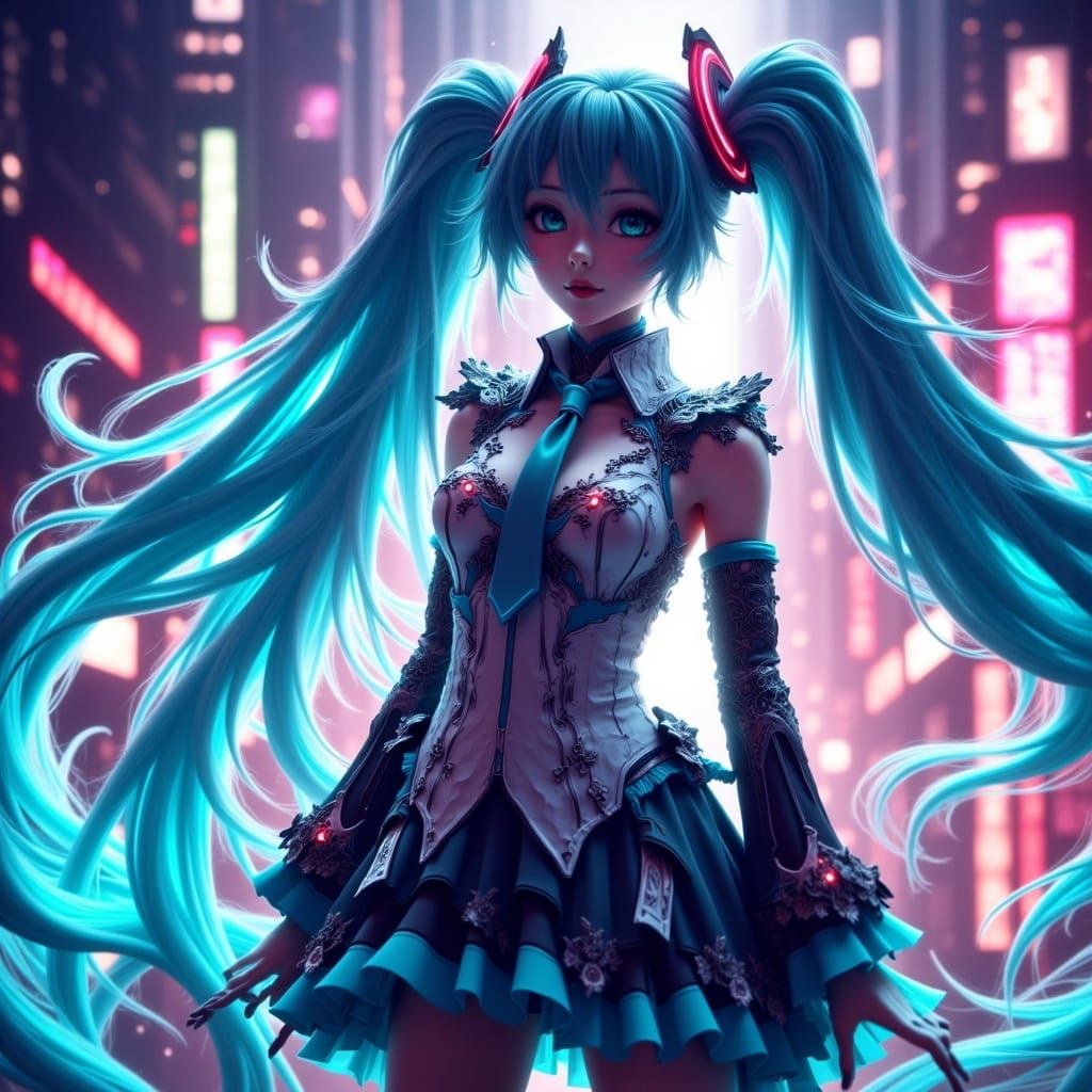 Hatsune Miku in Vibrant Neon Cityscape