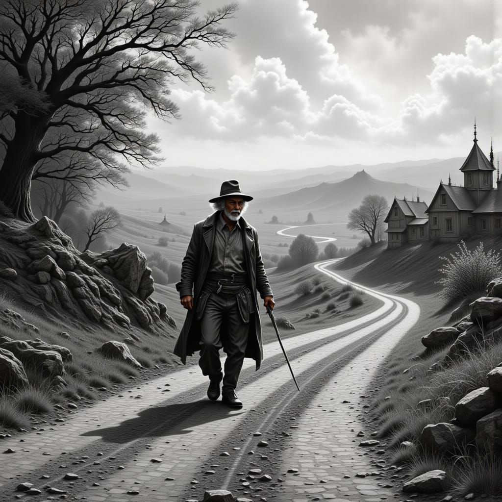 Elderly Man on Country Road: Black and White Photography