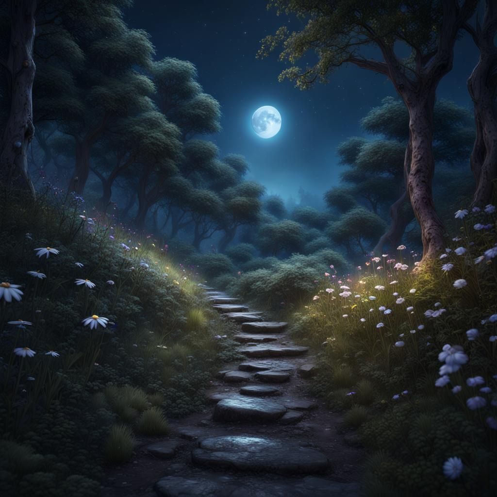 Moonlit Path Through Forest: Detailed Fantasy Concept Art