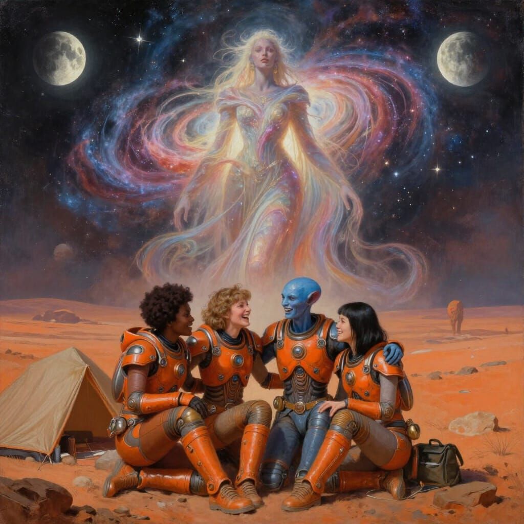 Friends Embrace on Alien Planet Under Twin Moons